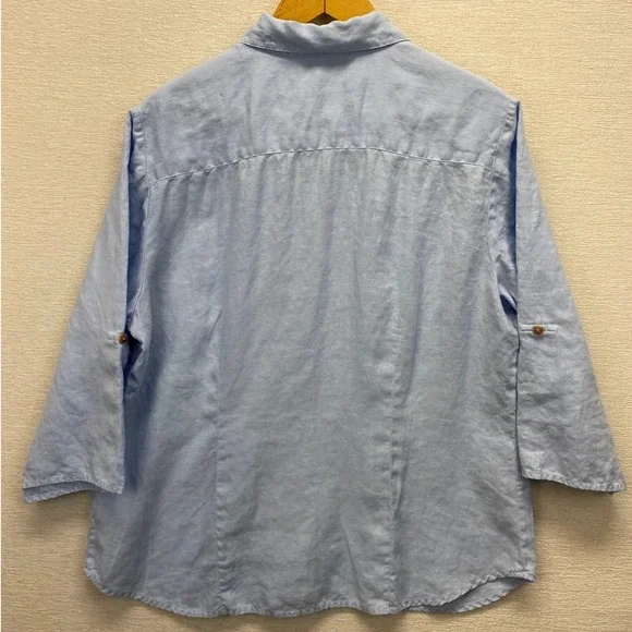 Sag Harbor Womens Blue 100% Linen Floral Embroidered Roll Tab Shirt Large VTG - Picture 4 of 11